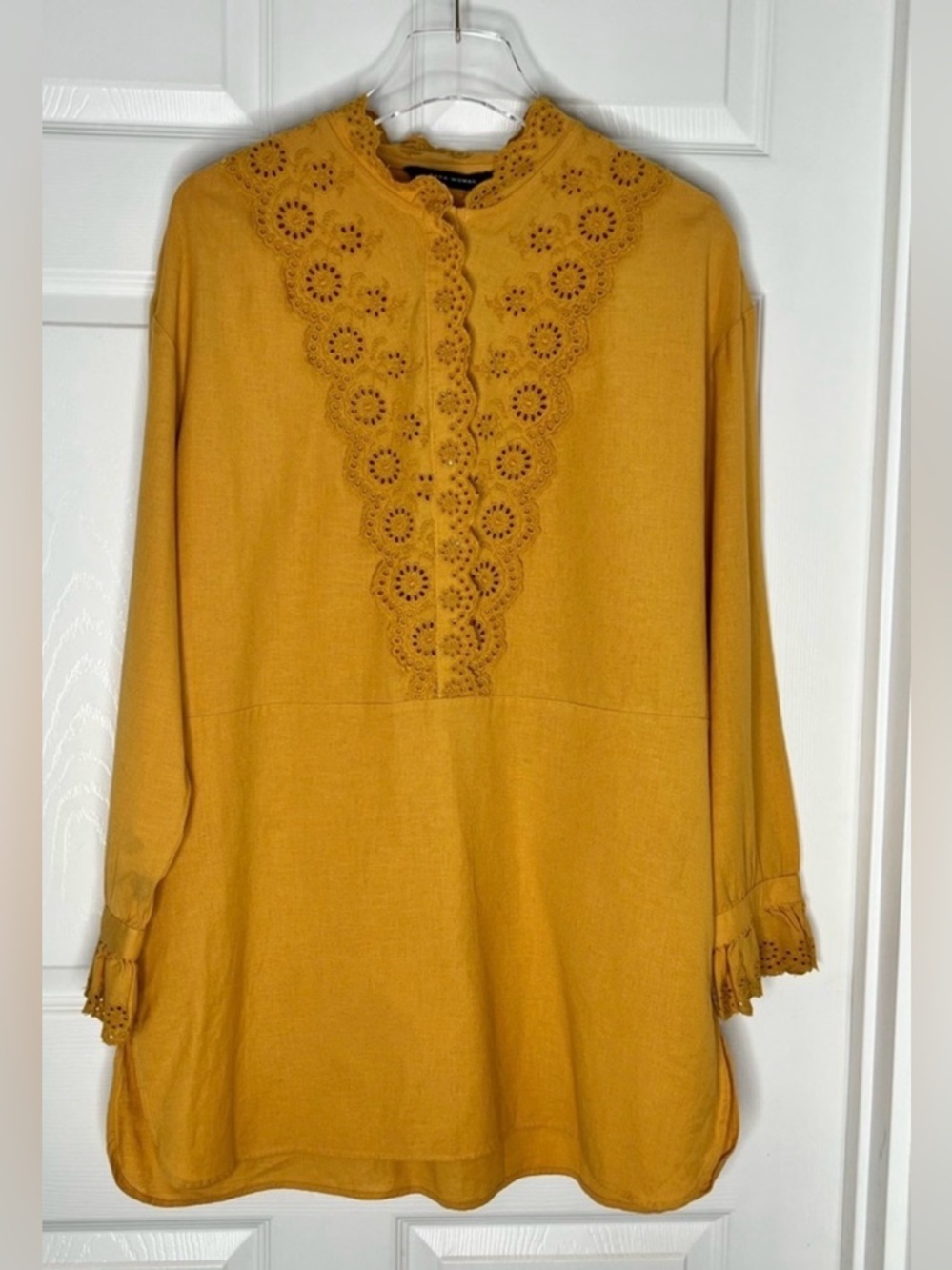 Zara Woman Mustard Eyelet Lace Henley Top tunic dress shirt